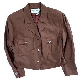 VTG JH Collectibles Brown Linen Jacket Blazer Cropped 10p Women's